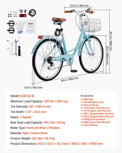 VEVOR Cruiser Bike, 7-Speed, 26-Inch Light Blue Beach Cruiser Bike with Large Capacity Basket and Rear Rack, Secure & Sturdy Cruiser Bike with Adjustable Seat, Fits for Cycling, Exercise & Shopping