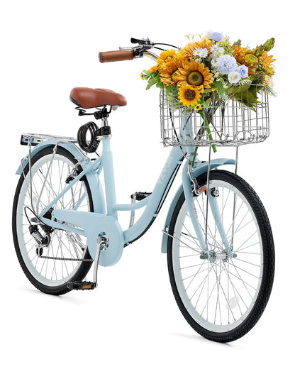 VEVOR Cruiser Bike, 7-Speed, 26-Inch Light Blue Beach Cruiser Bike with Large Capacity Basket and Rear Rack, Secure & Sturdy Cruiser Bike with Adjustable Seat, Fits for Cycling, Exercise & Shopping