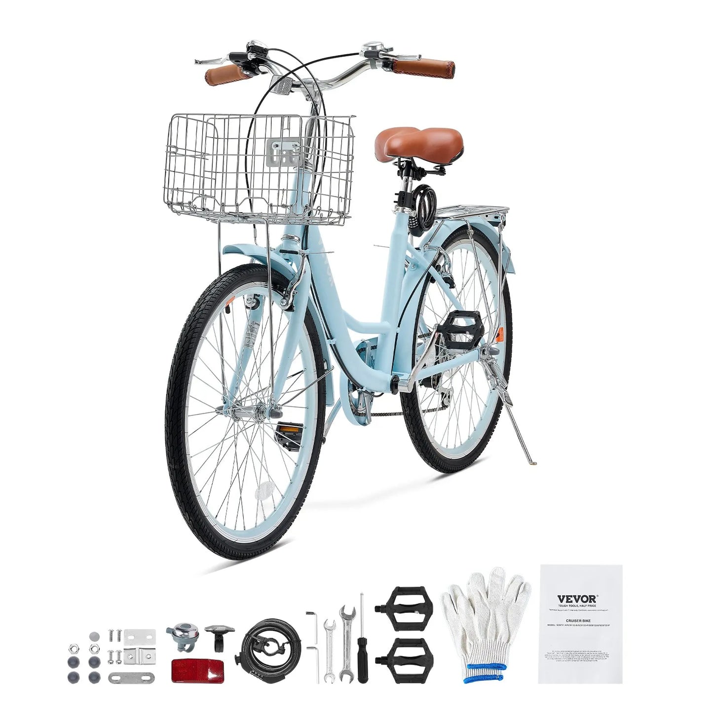 VEVOR Cruiser Bike, 7-Speed, 26-Inch Light Blue Beach Cruiser Bike with Large Capacity Basket and Rear Rack, Secure & Sturdy Cruiser Bike with Adjustable Seat, Fits for Cycling, Exercise & Shopping