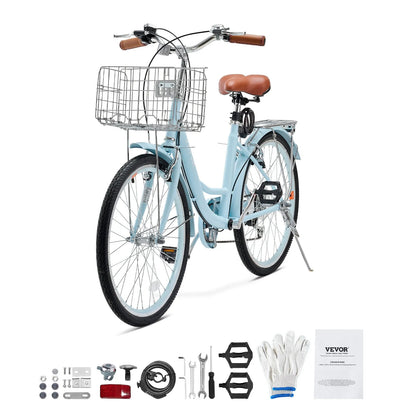 VEVOR Cruiser Bike, 7-Speed, 26-Inch Light Blue Beach Cruiser Bike with Large Capacity Basket and Rear Rack, Secure & Sturdy Cruiser Bike with Adjustable Seat, Fits for Cycling, Exercise & Shopping