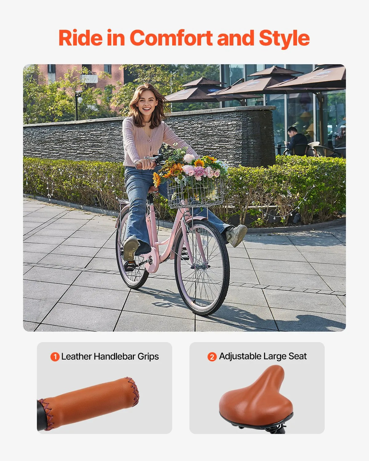 VEVOR Cruiser Bike, 7-Speed, 26-Inch Pink Beach Cruiser Bike with Large Capacity Basket and Rear Rack, Secure & Sturdy Cruiser Bike with Adjustable Seat, Fits for Cycling, Exercise & Shopping