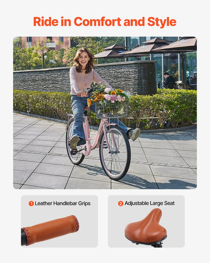 VEVOR Cruiser Bike, 7-Speed, 26-Inch Pink Beach Cruiser Bike with Large Capacity Basket and Rear Rack, Secure & Sturdy Cruiser Bike with Adjustable Seat, Fits for Cycling, Exercise & Shopping