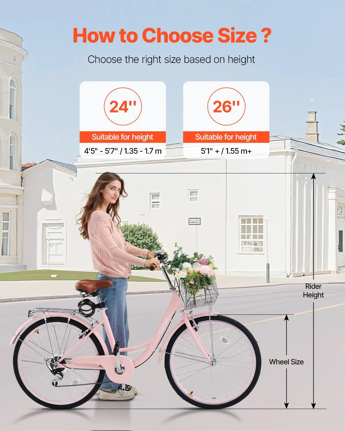 VEVOR Cruiser Bike, 7-Speed, 26-Inch Pink Beach Cruiser Bike with Large Capacity Basket and Rear Rack, Secure & Sturdy Cruiser Bike with Adjustable Seat, Fits for Cycling, Exercise & Shopping