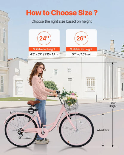 VEVOR Cruiser Bike, 7-Speed, 26-Inch Pink Beach Cruiser Bike with Large Capacity Basket and Rear Rack, Secure & Sturdy Cruiser Bike with Adjustable Seat, Fits for Cycling, Exercise & Shopping