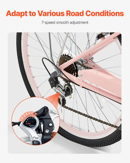 VEVOR Cruiser Bike, 7-Speed, 26-Inch Pink Beach Cruiser Bike with Large Capacity Basket and Rear Rack, Secure & Sturdy Cruiser Bike with Adjustable Seat, Fits for Cycling, Exercise & Shopping