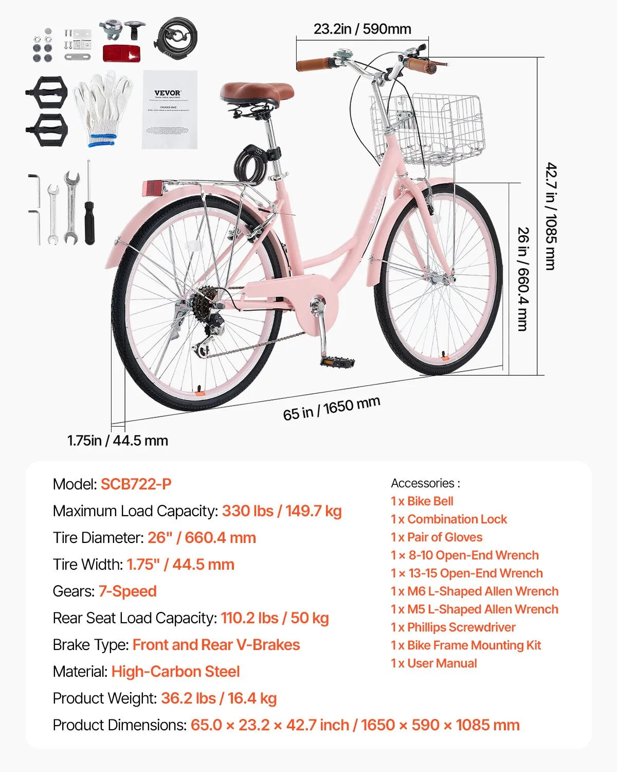 VEVOR Cruiser Bike, 7-Speed, 26-Inch Pink Beach Cruiser Bike with Large Capacity Basket and Rear Rack, Secure & Sturdy Cruiser Bike with Adjustable Seat, Fits for Cycling, Exercise & Shopping