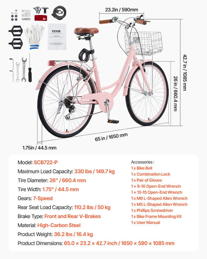 VEVOR Cruiser Bike, 7-Speed, 26-Inch Pink Beach Cruiser Bike with Large Capacity Basket and Rear Rack, Secure & Sturdy Cruiser Bike with Adjustable Seat, Fits for Cycling, Exercise & Shopping