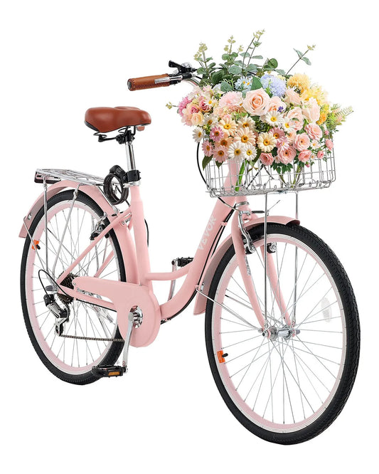 VEVOR Cruiser Bike, 7-Speed, 26-Inch Pink Beach Cruiser Bike with Large Capacity Basket and Rear Rack, Secure & Sturdy Cruiser Bike with Adjustable Seat, Fits for Cycling, Exercise & Shopping