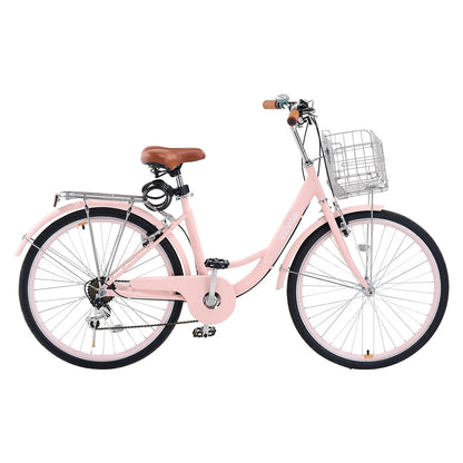 VEVOR Cruiser Bike, 7-Speed, 26-Inch Pink Beach Cruiser Bike with Large Capacity Basket and Rear Rack, Secure & Sturdy Cruiser Bike with Adjustable Seat, Fits for Cycling, Exercise & Shopping