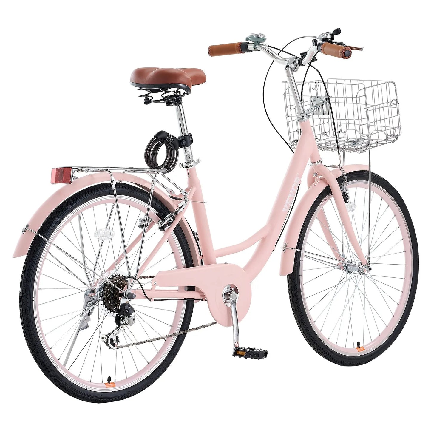 VEVOR Cruiser Bike, 7-Speed, 26-Inch Pink Beach Cruiser Bike with Large Capacity Basket and Rear Rack, Secure & Sturdy Cruiser Bike with Adjustable Seat, Fits for Cycling, Exercise & Shopping