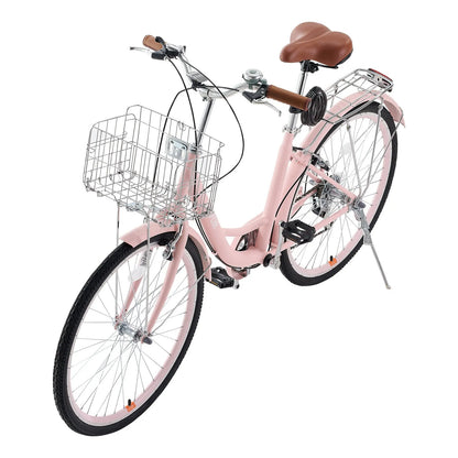 VEVOR Cruiser Bike, 7-Speed, 26-Inch Pink Beach Cruiser Bike with Large Capacity Basket and Rear Rack, Secure & Sturdy Cruiser Bike with Adjustable Seat, Fits for Cycling, Exercise & Shopping