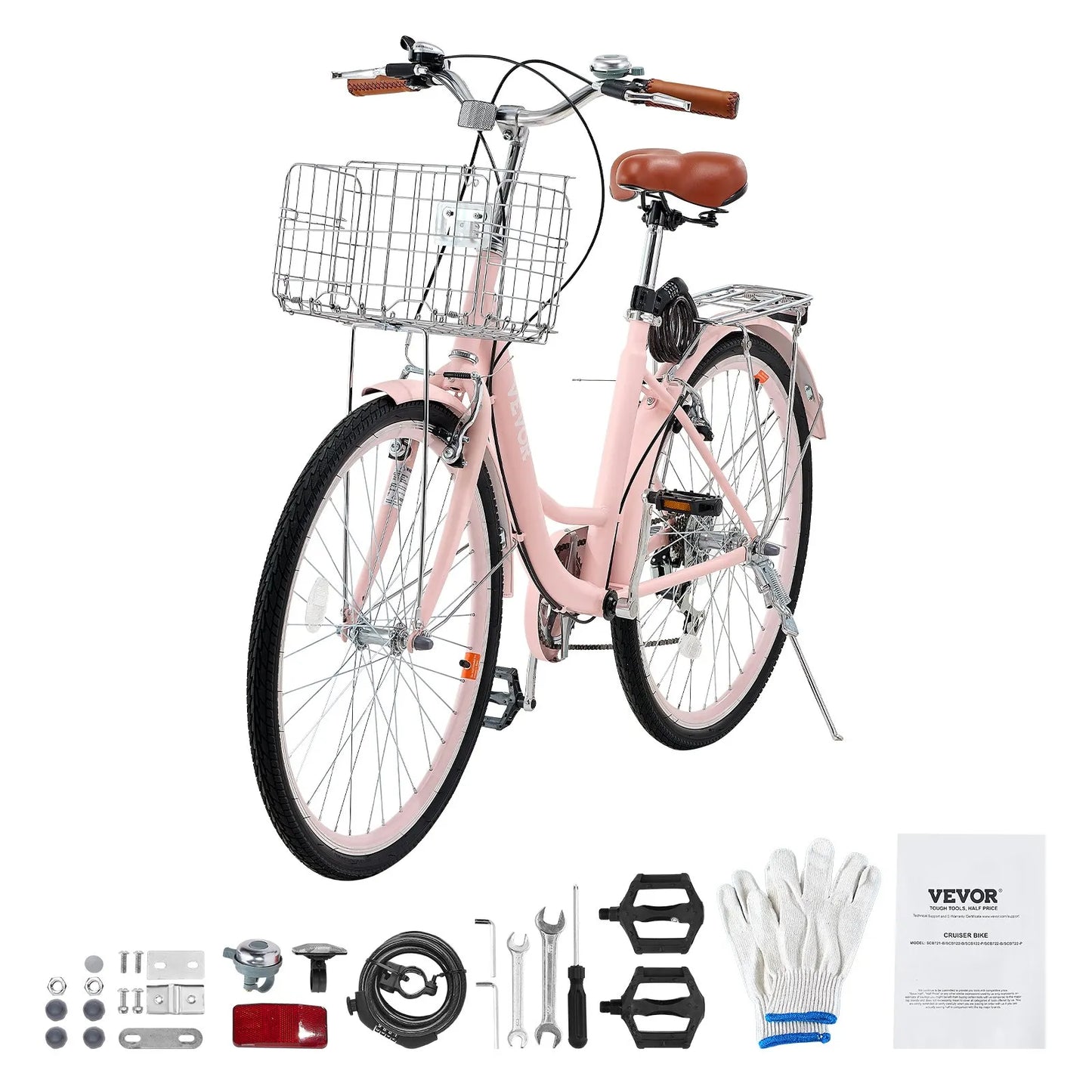 VEVOR Cruiser Bike, 7-Speed, 26-Inch Pink Beach Cruiser Bike with Large Capacity Basket and Rear Rack, Secure & Sturdy Cruiser Bike with Adjustable Seat, Fits for Cycling, Exercise & Shopping