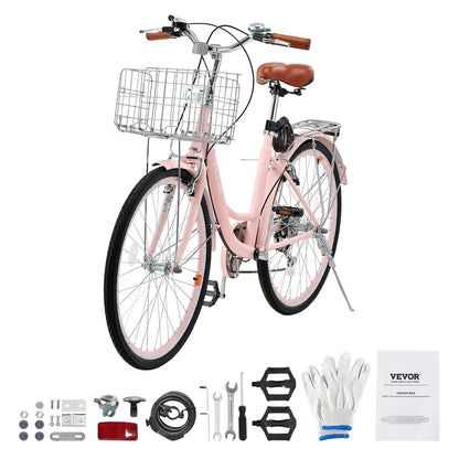 VEVOR Cruiser Bike, 7-Speed, 26-Inch Pink Beach Cruiser Bike with Large Capacity Basket and Rear Rack, Secure & Sturdy Cruiser Bike with Adjustable Seat, Fits for Cycling, Exercise & Shopping