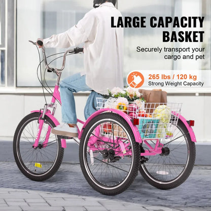 VEVOR Folding Adult Tricycle, 24-Inch 7-Speed Adult Folding Trikes, Carbon Steel 3 Wheel Cruiser Bike with Basket & Adjustable Seat, Shopping Picnic Foldable Tricycles for Women, Men, Seniors (Pink)