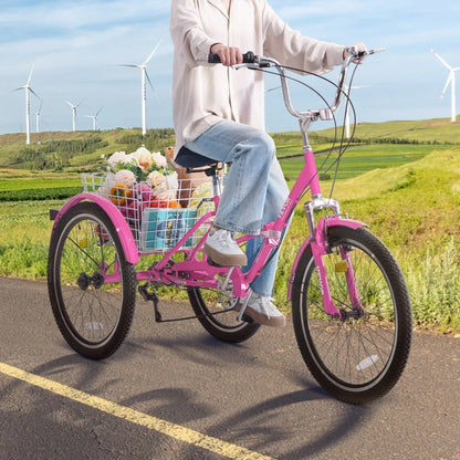 VEVOR Folding Adult Tricycle, 24-Inch 7-Speed Adult Folding Trikes, Carbon Steel 3 Wheel Cruiser Bike with Basket & Adjustable Seat, Shopping Picnic Foldable Tricycles for Women, Men, Seniors (Pink)