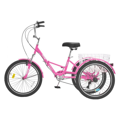 VEVOR Folding Adult Tricycle, 24-Inch 7-Speed Adult Folding Trikes, Carbon Steel 3 Wheel Cruiser Bike with Basket & Adjustable Seat, Shopping Picnic Foldable Tricycles for Women, Men, Seniors (Pink)