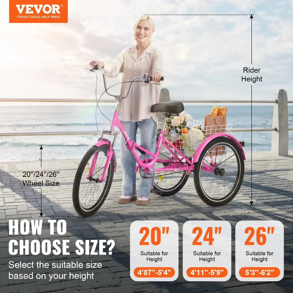 VEVOR Folding Adult Tricycle, 26-Inch Adult Folding Trikes, Carbon Steel 3 Wheel Cruiser Bike with Large Basket & Adjustable Seat, Shopping Picnic Foldable Tricycles for Women, Men, Seniors (Pink)