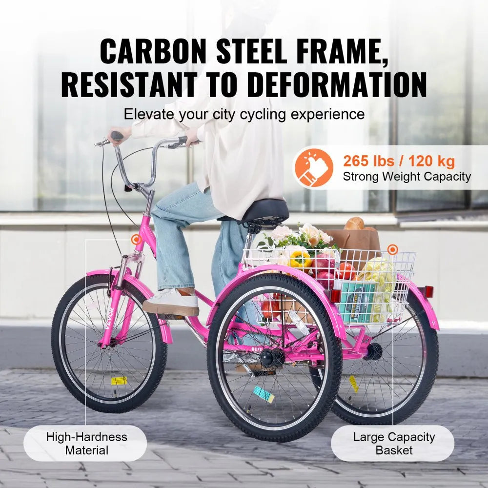 VEVOR Folding Adult Tricycle, 26-Inch Adult Folding Trikes, Carbon Steel 3 Wheel Cruiser Bike with Large Basket & Adjustable Seat, Shopping Picnic Foldable Tricycles for Women, Men, Seniors (Pink)