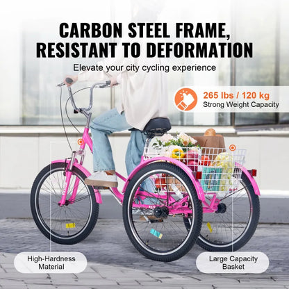VEVOR Folding Adult Tricycle, 26-Inch Adult Folding Trikes, Carbon Steel 3 Wheel Cruiser Bike with Large Basket & Adjustable Seat, Shopping Picnic Foldable Tricycles for Women, Men, Seniors (Pink)