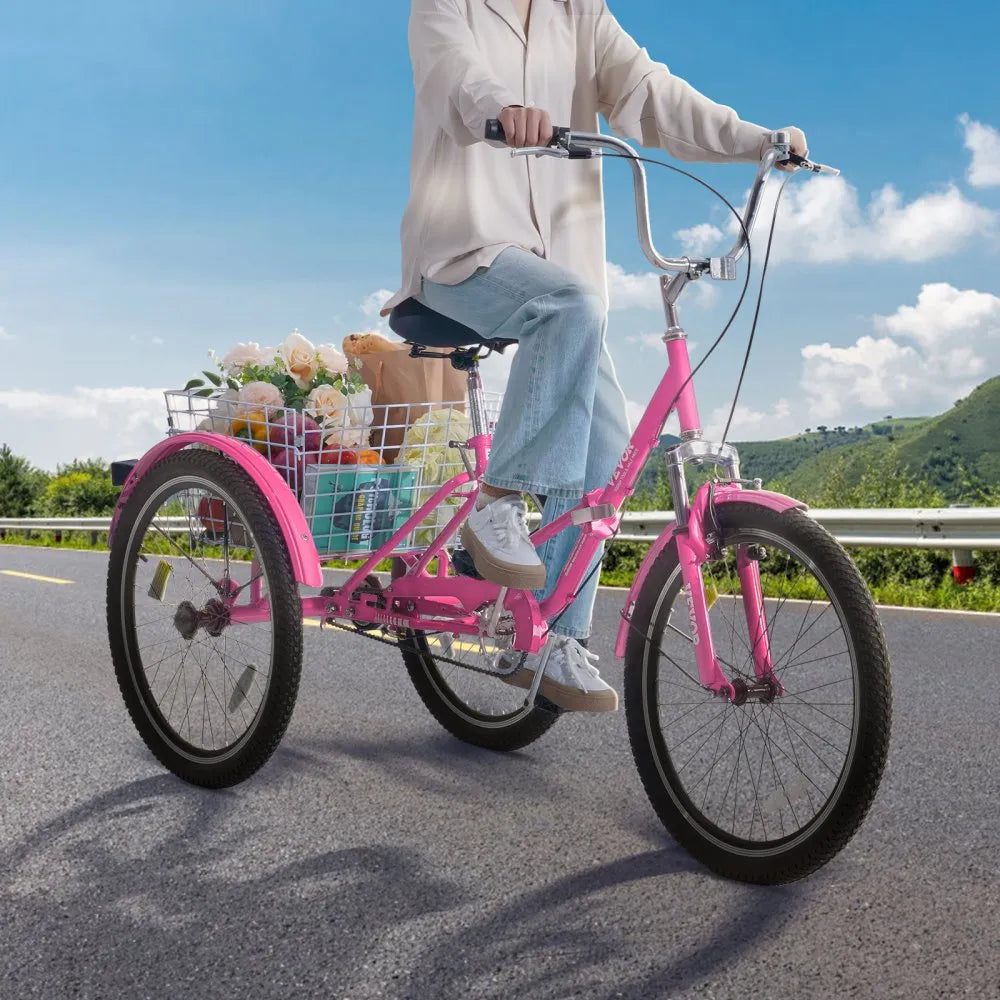 VEVOR Folding Adult Tricycle, 26-Inch Adult Folding Trikes, Carbon Steel 3 Wheel Cruiser Bike with Large Basket & Adjustable Seat, Shopping Picnic Foldable Tricycles for Women, Men, Seniors (Pink)