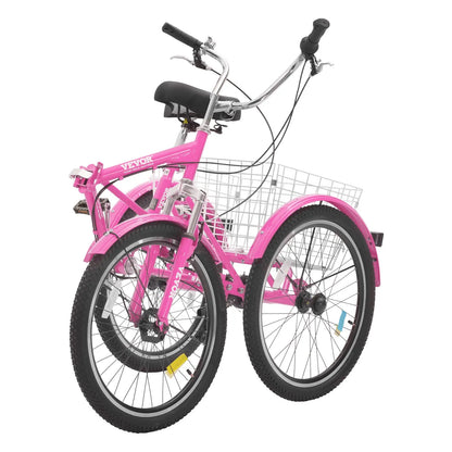 VEVOR Folding Adult Tricycle, 26-Inch 7-Speed Adult Folding Trikes, Carbon Steel 3 Wheel Cruiser Bike with Basket & Adjustable Seat, Shopping Picnic Foldable Tricycles for Women, Men, Seniors (Pink)