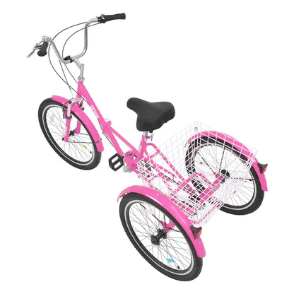 VEVOR Folding Adult Tricycle, 26-Inch 7-Speed Adult Folding Trikes, Carbon Steel 3 Wheel Cruiser Bike with Basket & Adjustable Seat, Shopping Picnic Foldable Tricycles for Women, Men, Seniors (Pink)