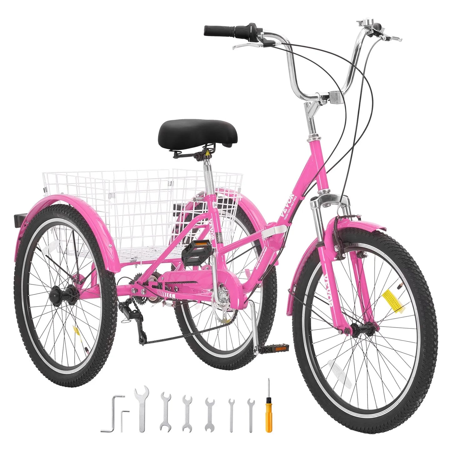 VEVOR Folding Adult Tricycle, 26-Inch 7-Speed Adult Folding Trikes, Carbon Steel 3 Wheel Cruiser Bike with Basket & Adjustable Seat, Shopping Picnic Foldable Tricycles for Women, Men, Seniors (Pink)