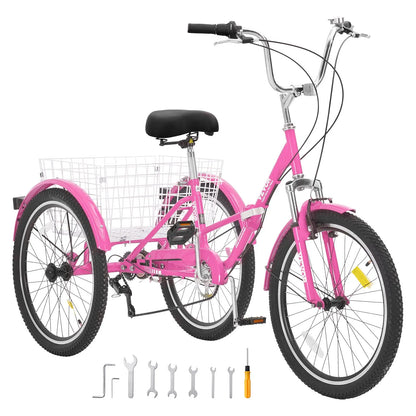 VEVOR Folding Adult Tricycle, 26-Inch 7-Speed Adult Folding Trikes, Carbon Steel 3 Wheel Cruiser Bike with Basket & Adjustable Seat, Shopping Picnic Foldable Tricycles for Women, Men, Seniors (Pink)