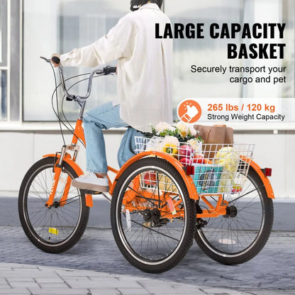 VEVOR Folding Adult Tricycle, 24-Inch 7-Speed Adult Folding Trikes, Carbon Steel 3 Wheel Cruiser Bike with Basket & Adjustable Seat, Shopping Picnic Foldable Tricycles for Women, Men, Seniors (Orange)