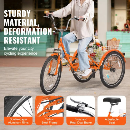 VEVOR Folding Adult Tricycle, 24-Inch 7-Speed Adult Folding Trikes, Carbon Steel 3 Wheel Cruiser Bike with Basket & Adjustable Seat, Shopping Picnic Foldable Tricycles for Women, Men, Seniors (Orange)