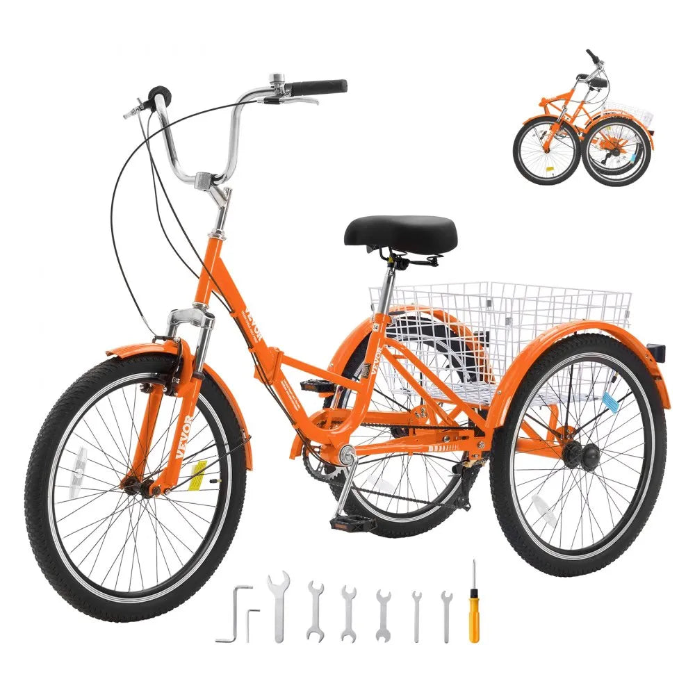 VEVOR Folding Adult Tricycle, 24-Inch 7-Speed Adult Folding Trikes, Carbon Steel 3 Wheel Cruiser Bike with Basket & Adjustable Seat, Shopping Picnic Foldable Tricycles for Women, Men, Seniors (Orange)