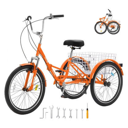 VEVOR Folding Adult Tricycle, 24-Inch 7-Speed Adult Folding Trikes, Carbon Steel 3 Wheel Cruiser Bike with Basket & Adjustable Seat, Shopping Picnic Foldable Tricycles for Women, Men, Seniors (Orange)