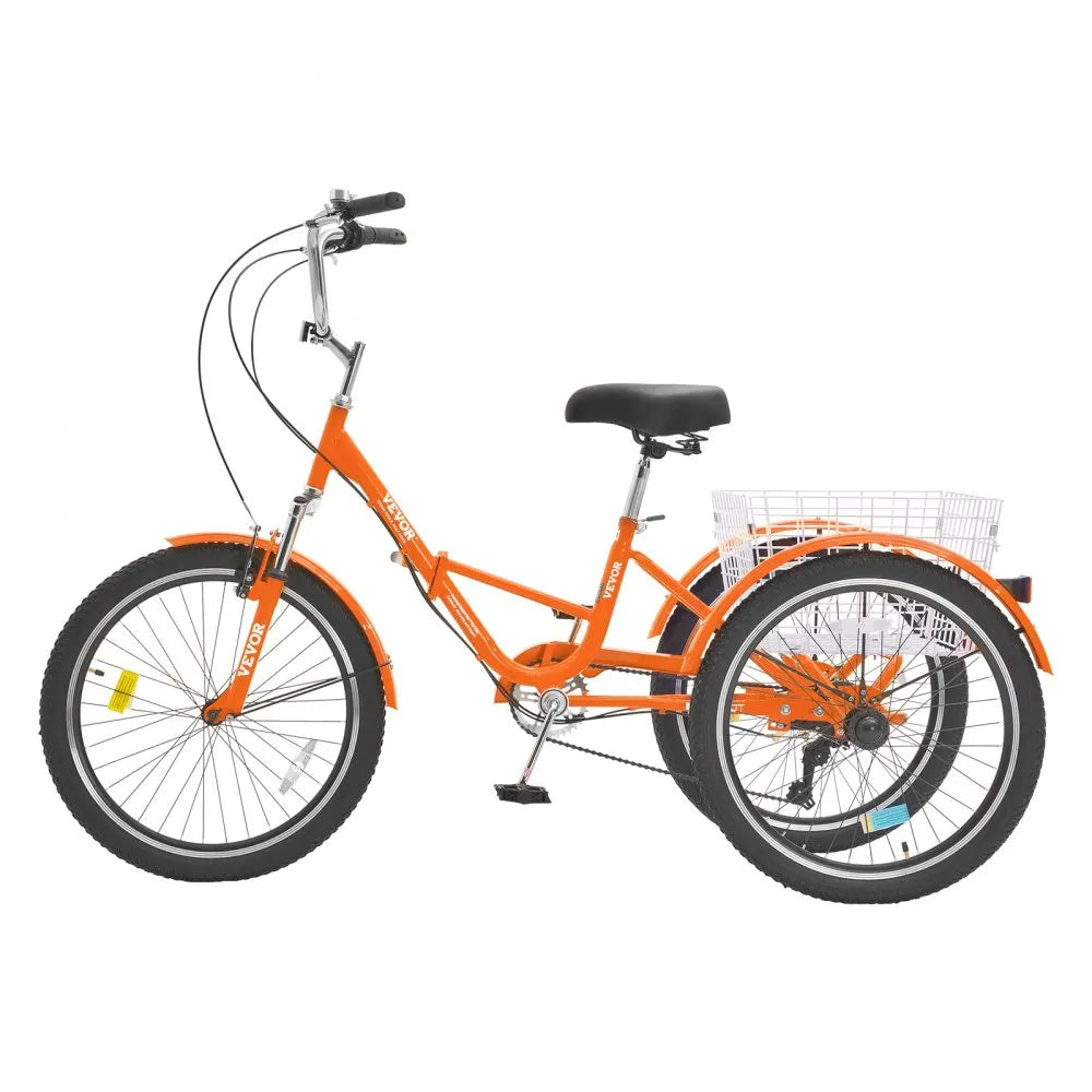 VEVOR Folding Adult Tricycle, 24-Inch 7-Speed Adult Folding Trikes, Carbon Steel 3 Wheel Cruiser Bike with Basket & Adjustable Seat, Shopping Picnic Foldable Tricycles for Women, Men, Seniors (Orange)