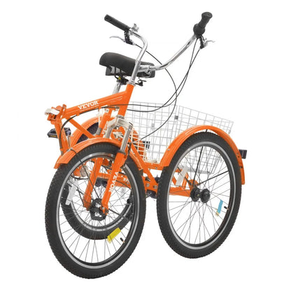VEVOR Folding Adult Tricycle, 24-Inch 7-Speed Adult Folding Trikes, Carbon Steel 3 Wheel Cruiser Bike with Basket & Adjustable Seat, Shopping Picnic Foldable Tricycles for Women, Men, Seniors (Orange)