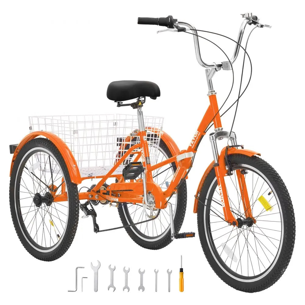 VEVOR Folding Adult Tricycle, 24-Inch 7-Speed Adult Folding Trikes, Carbon Steel 3 Wheel Cruiser Bike with Basket & Adjustable Seat, Shopping Picnic Foldable Tricycles for Women, Men, Seniors (Orange)