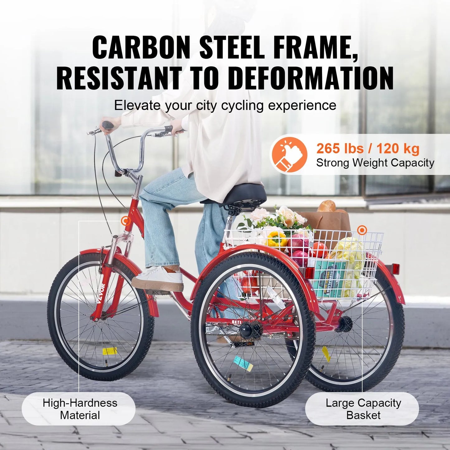 VEVOR Folding Adult Tricycle, 24-Inch Adult Folding Trikes, Carbon Steel 3 Wheel Cruiser Bike with Large Basket & Adjustable Seat, Shopping Picnic Foldable Tricycles for Women, Men, Seniors (Red)