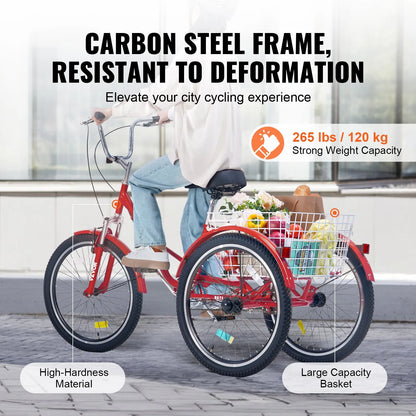 VEVOR Folding Adult Tricycle, 24-Inch Adult Folding Trikes, Carbon Steel 3 Wheel Cruiser Bike with Large Basket & Adjustable Seat, Shopping Picnic Foldable Tricycles for Women, Men, Seniors (Red)