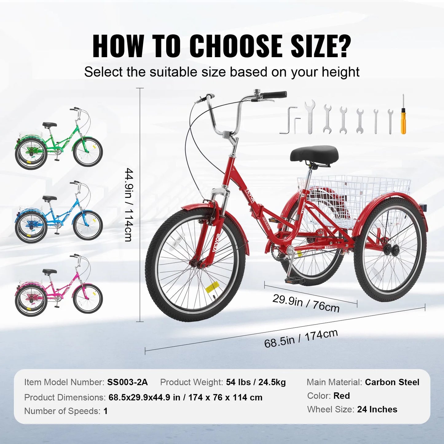 VEVOR Folding Adult Tricycle, 24-Inch Adult Folding Trikes, Carbon Steel 3 Wheel Cruiser Bike with Large Basket & Adjustable Seat, Shopping Picnic Foldable Tricycles for Women, Men, Seniors (Red)