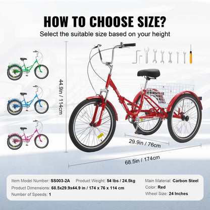 VEVOR Folding Adult Tricycle, 24-Inch Adult Folding Trikes, Carbon Steel 3 Wheel Cruiser Bike with Large Basket & Adjustable Seat, Shopping Picnic Foldable Tricycles for Women, Men, Seniors (Red)