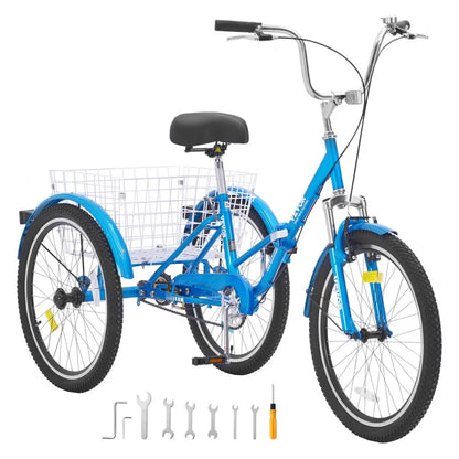 VEVOR Folding Adult Tricycle, 26-Inch Adult Folding Trikes, Carbon Steel 3 Wheel Cruiser Bike with Large Basket & Adjustable Seat, Shopping Picnic Foldable Tricycles for Women, Men, Seniors (Blue)