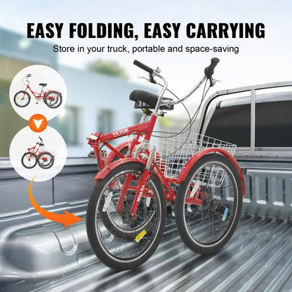 VEVOR Folding Adult Tricycle, 26-Inch 7-Speed Adult Folding Trikes, Carbon Steel 3 Wheel Cruiser Bike with Basket & Adjustable Seat, Shopping Picnic Foldable Tricycles for Women, Men, Seniors (Red)