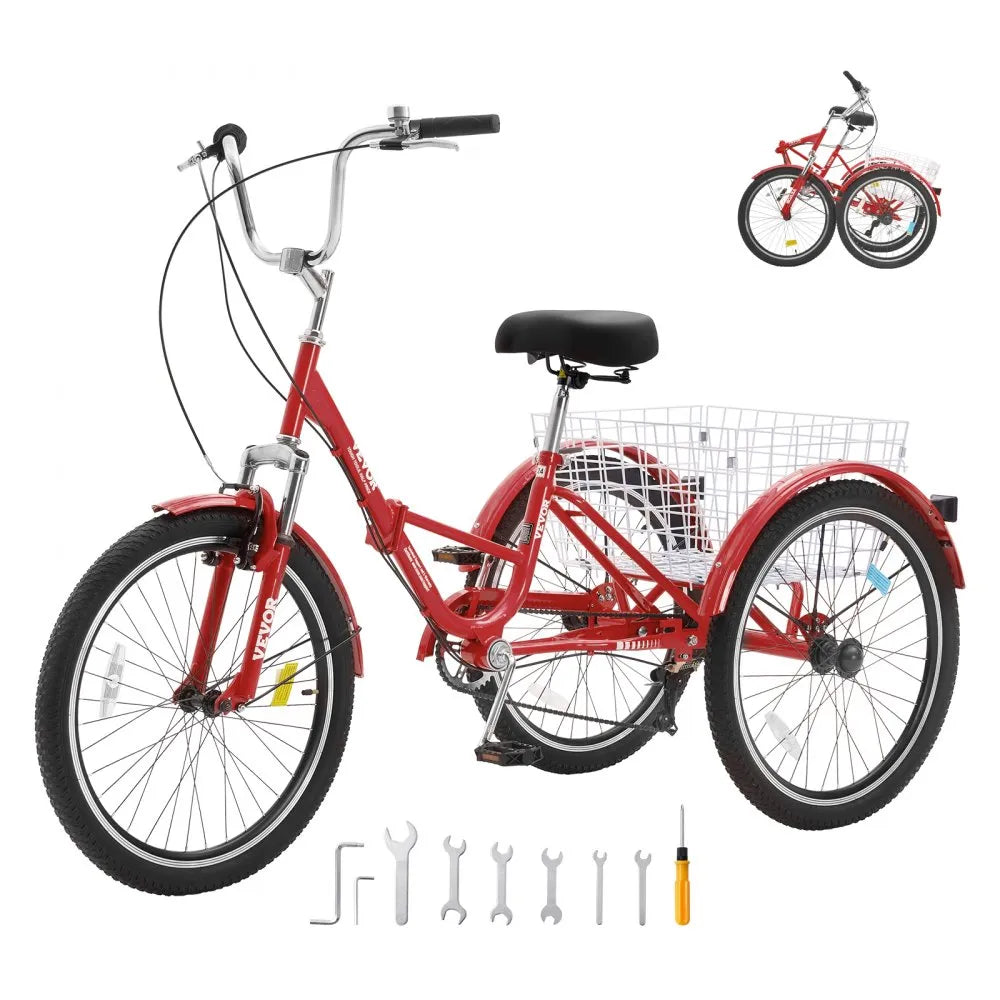 VEVOR Folding Adult Tricycle, 26-Inch 7-Speed Adult Folding Trikes, Carbon Steel 3 Wheel Cruiser Bike with Basket & Adjustable Seat, Shopping Picnic Foldable Tricycles for Women, Men, Seniors (Red)