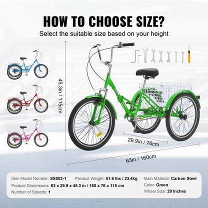 VEVOR Folding Adult Tricycle, 20-Inch Adult Folding Trikes, Carbon Steel 3 Wheel Cruiser Bike with Large Basket & Adjustable Seat, Shopping Picnic Foldable Tricycles for Women, Men, Seniors (Green)