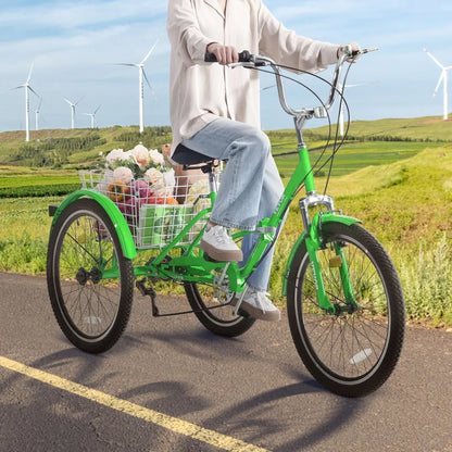 VEVOR Folding Adult Tricycle, 20-Inch Adult Folding Trikes, Carbon Steel 3 Wheel Cruiser Bike with Large Basket & Adjustable Seat, Shopping Picnic Foldable Tricycles for Women, Men, Seniors (Green)