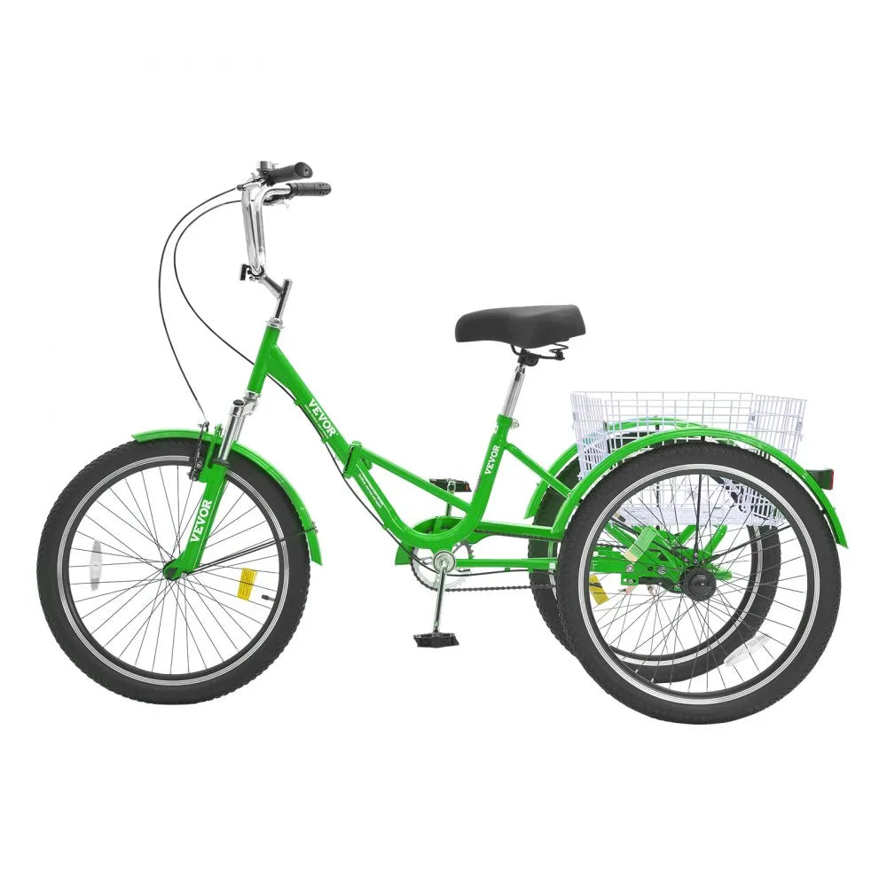 VEVOR Folding Adult Tricycle, 20-Inch Adult Folding Trikes, Carbon Steel 3 Wheel Cruiser Bike with Large Basket & Adjustable Seat, Shopping Picnic Foldable Tricycles for Women, Men, Seniors (Green)