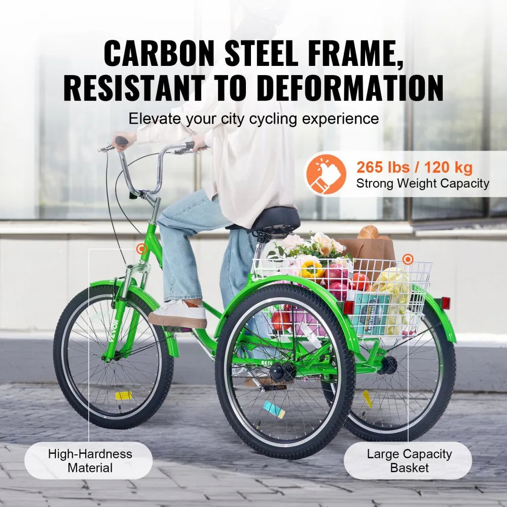 VEVOR Folding Adult Tricycle, 24-Inch Adult Folding Trikes, Carbon Steel 3 Wheel Cruiser Bike with Large Basket & Adjustable Seat, Shopping Picnic Foldable Tricycles for Women, Men, Seniors (Green)