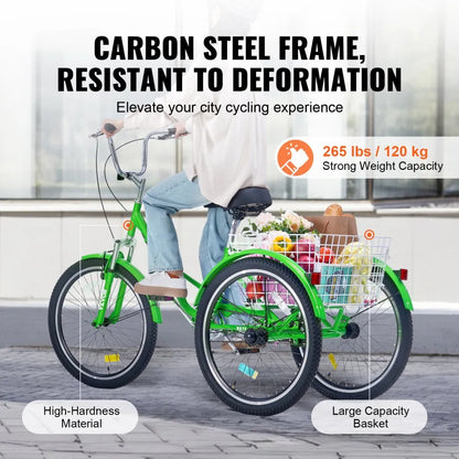 VEVOR Folding Adult Tricycle, 24-Inch Adult Folding Trikes, Carbon Steel 3 Wheel Cruiser Bike with Large Basket & Adjustable Seat, Shopping Picnic Foldable Tricycles for Women, Men, Seniors (Green)
