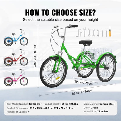 VEVOR Folding Adult Tricycle, 24-Inch Adult Folding Trikes, Carbon Steel 3 Wheel Cruiser Bike with Large Basket & Adjustable Seat, Shopping Picnic Foldable Tricycles for Women, Men, Seniors (Green)