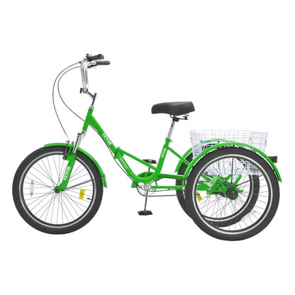 VEVOR Folding Adult Tricycle, 24-Inch Adult Folding Trikes, Carbon Steel 3 Wheel Cruiser Bike with Large Basket & Adjustable Seat, Shopping Picnic Foldable Tricycles for Women, Men, Seniors (Green)