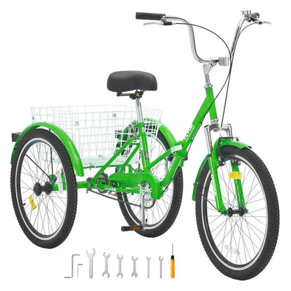 VEVOR Folding Adult Tricycle, 24-Inch Adult Folding Trikes, Carbon Steel 3 Wheel Cruiser Bike with Large Basket & Adjustable Seat, Shopping Picnic Foldable Tricycles for Women, Men, Seniors (Green)